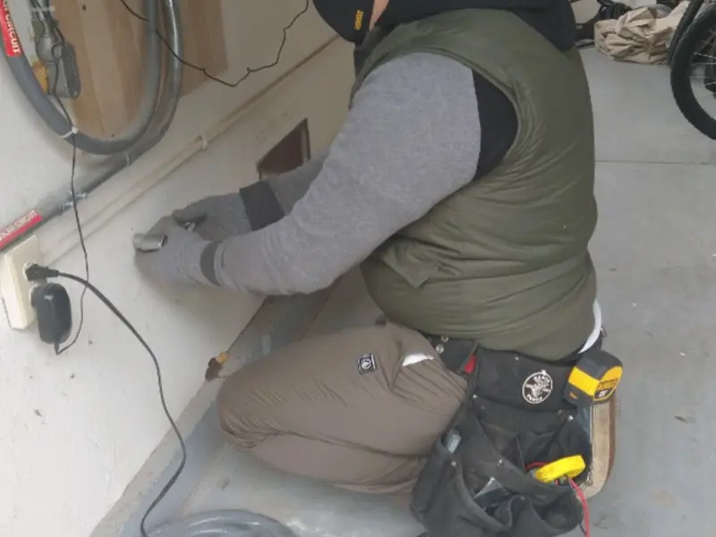 Electrician performing outlet wiring in a Lake of the Woods garage